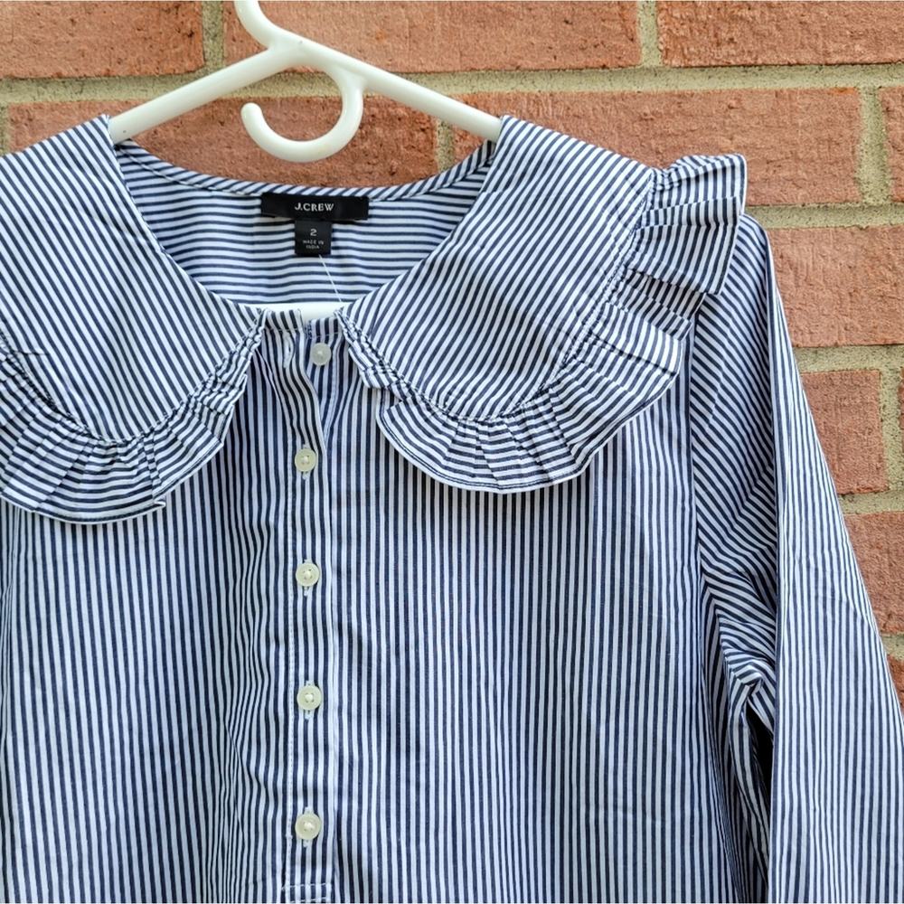 J. Crew Blue and White Striped Button-Down Top with Peter Pan Collar - Picture 4 of 7